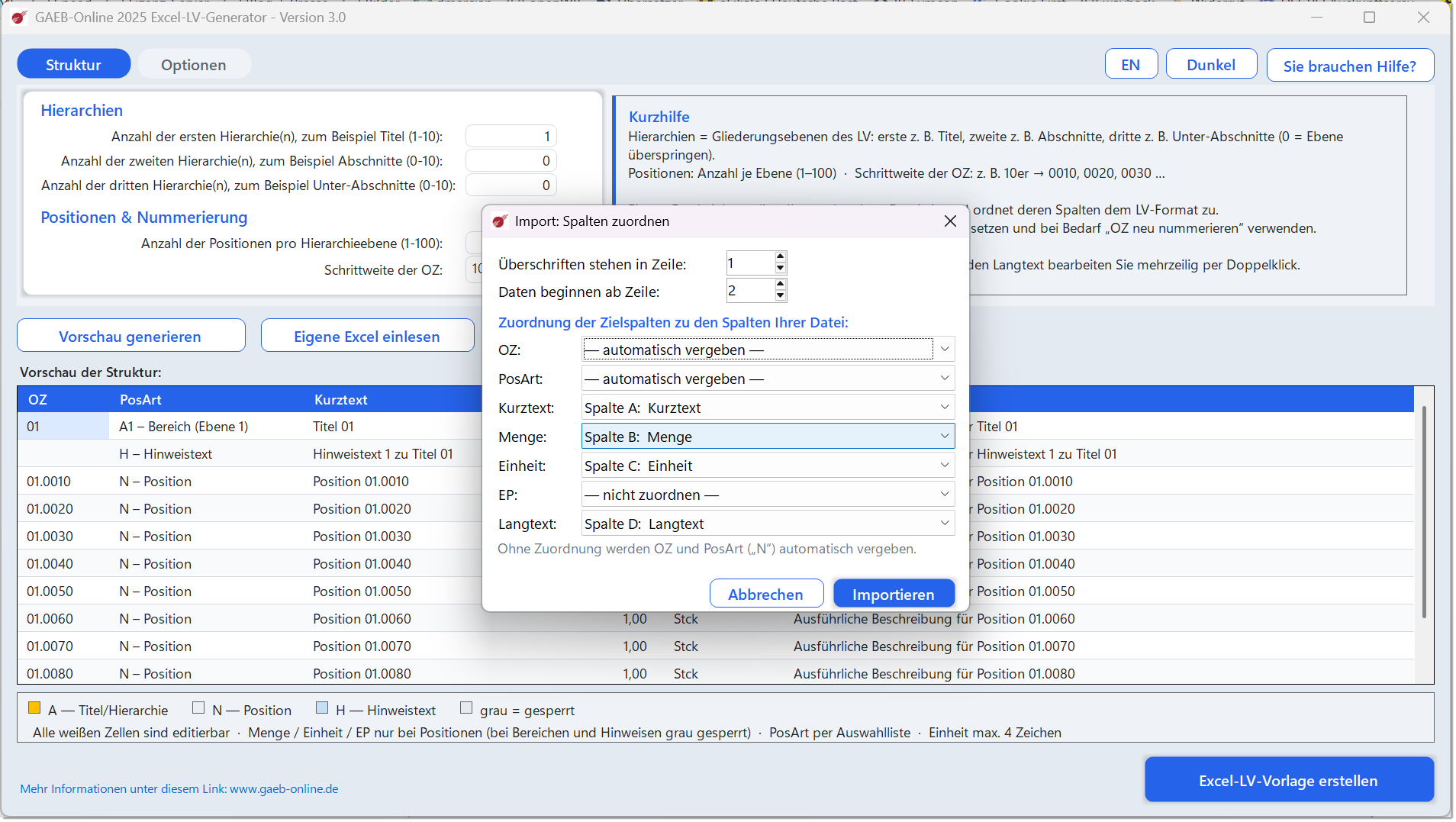 Excel-LV-Generator: Zuordnungs-Maske beim Einlesen einer eigenen Excel-Datei – Spalten den Zielfeldern OZ, PosArt, Kurztext, Menge, Einheit, EP, Langtext zuordnen