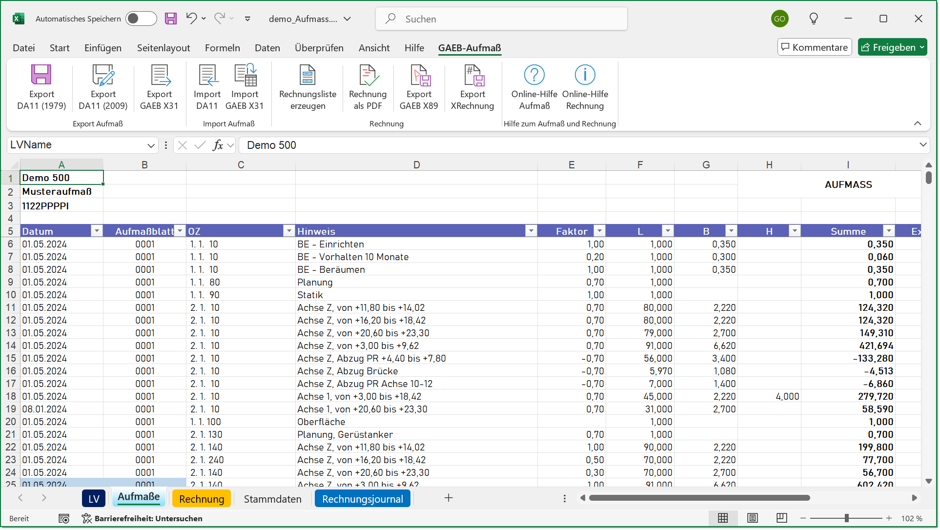 Aufmaß nach REB 23.003 als DA11 oder GAEB X31 aus Excel