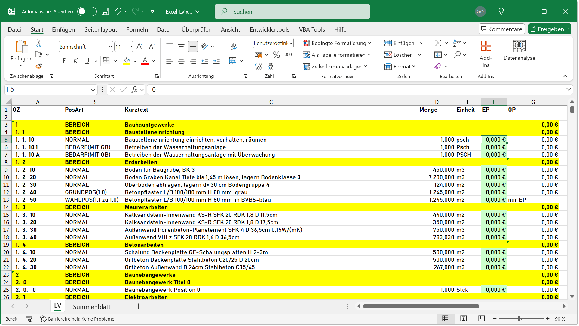 Preiserfassung in Excel