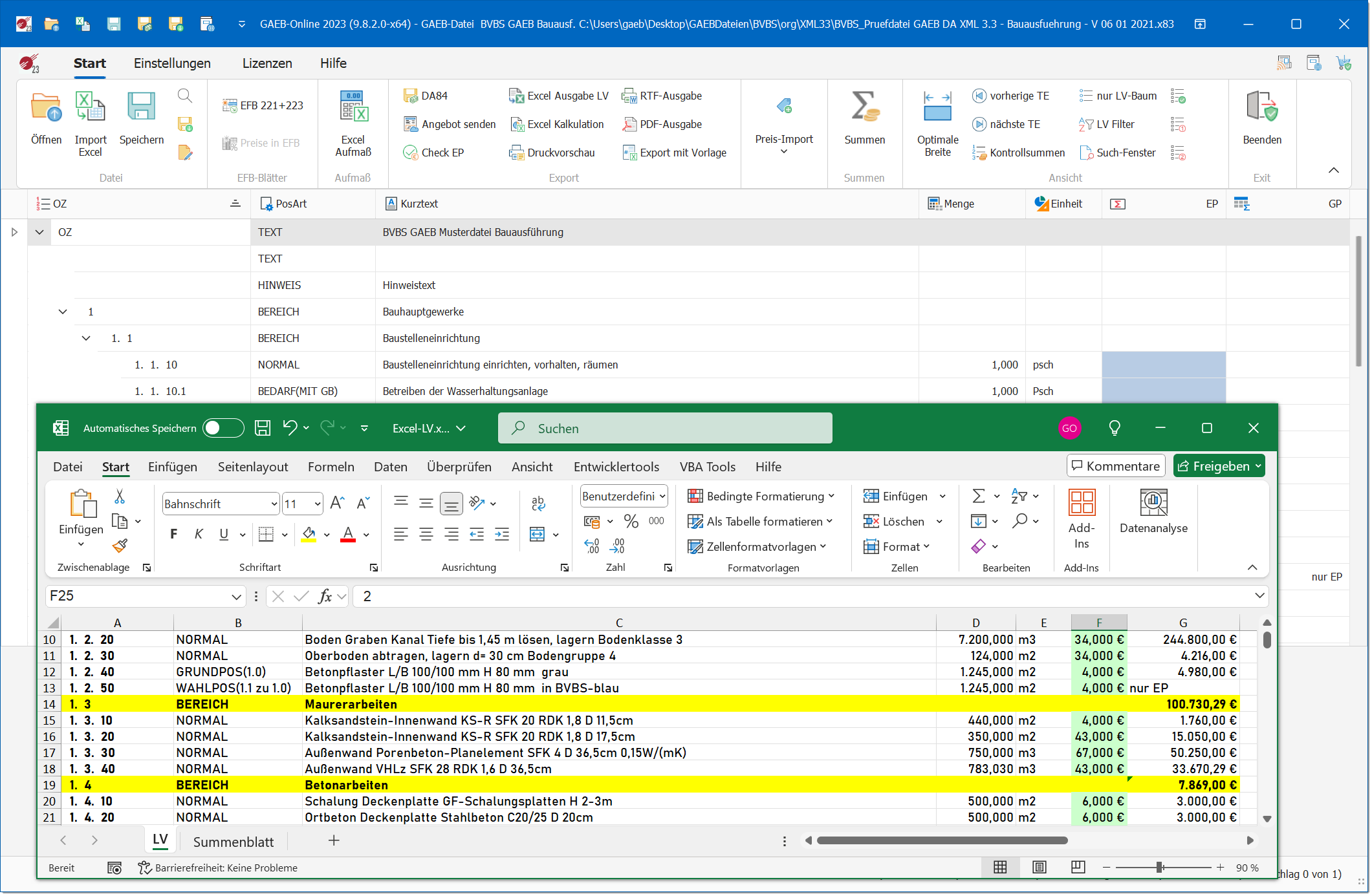GAEB-Online 2025 überträgt eine GAEB-Ausschreibung direkt nach Microsoft Excel