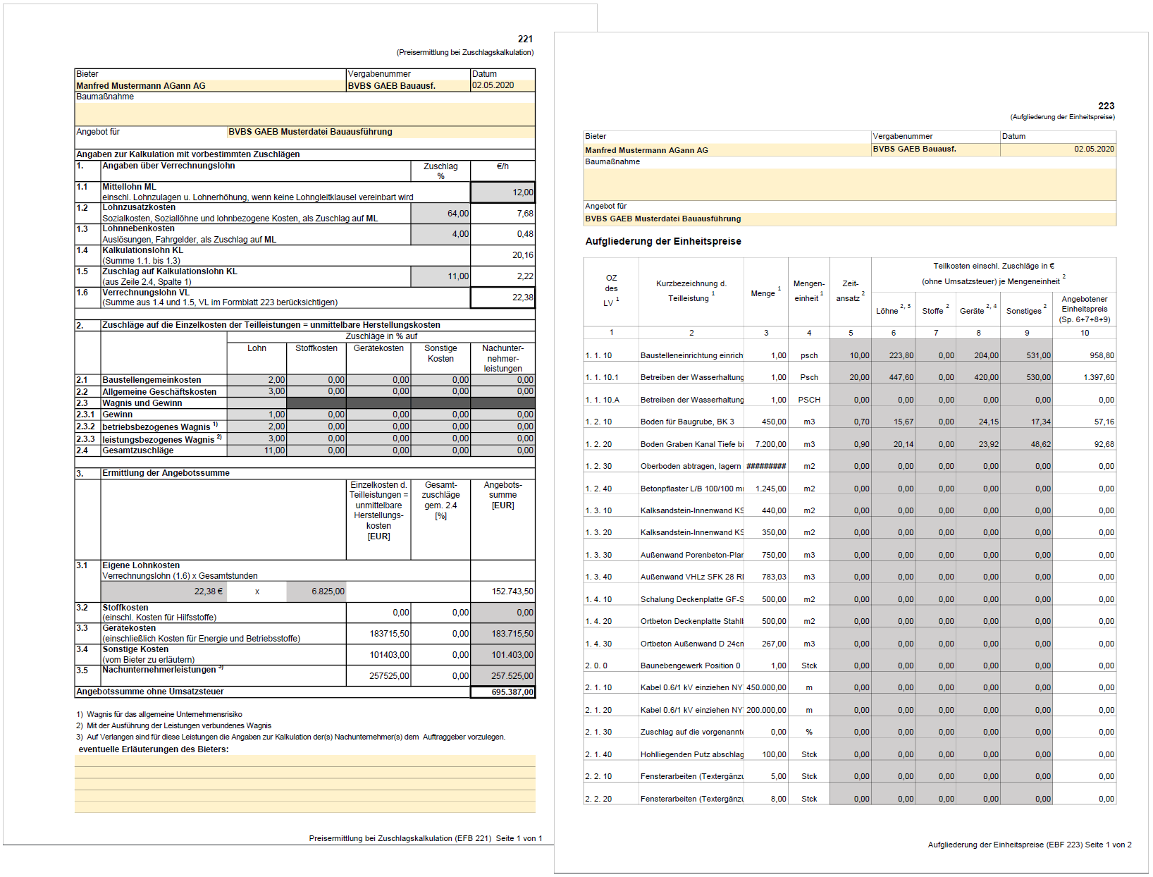 GAEB-Online 2025: Formbltter EFB 221 und EFB 223