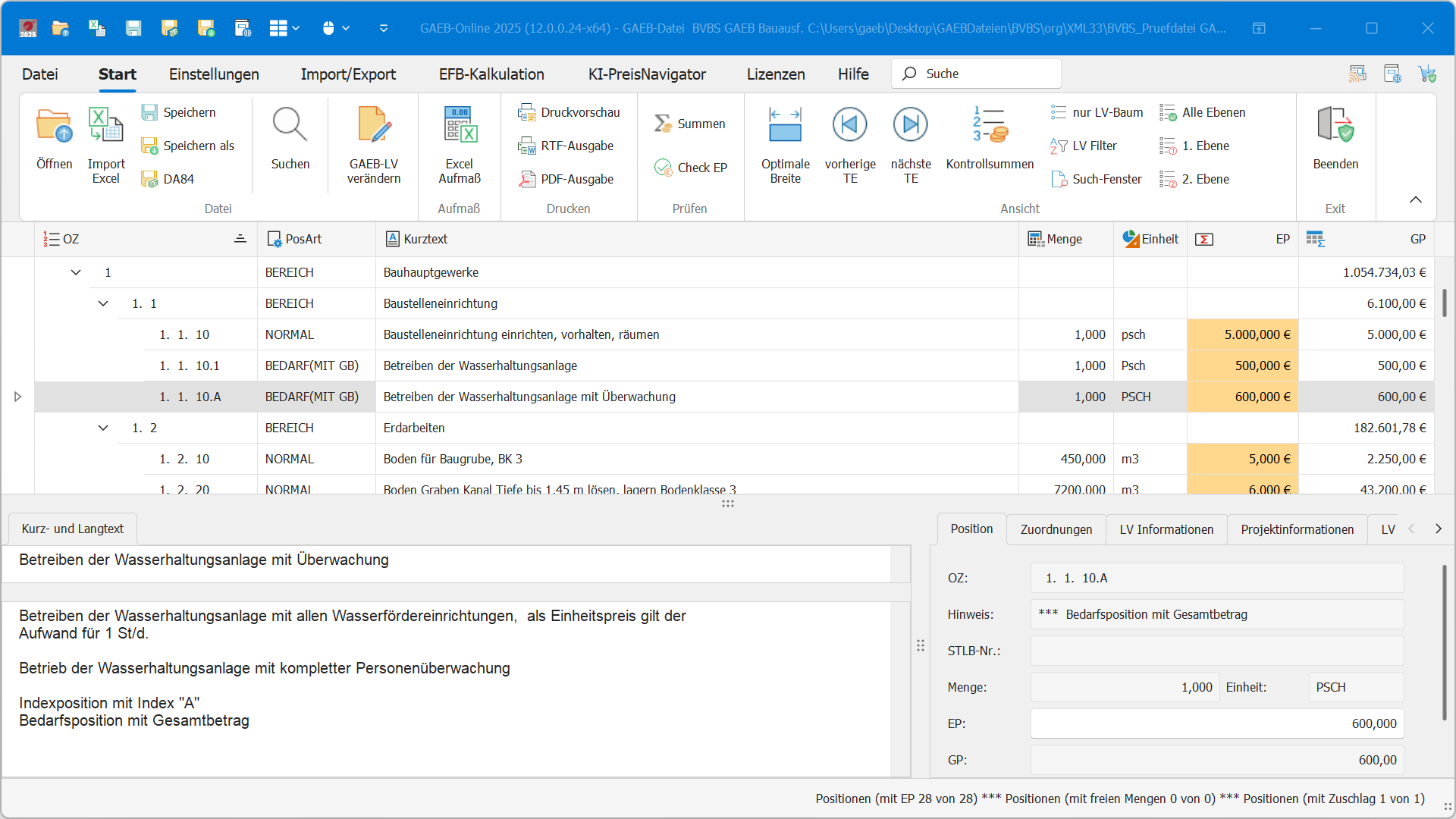 GAEB-Online 2025 – Leistungsverzeichnis mit Positionen, Preisen und Angebotssumme